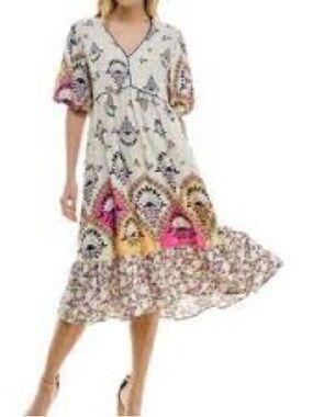 fig and flower Ivory Midi Dress with Pink & Yellow Border Motif